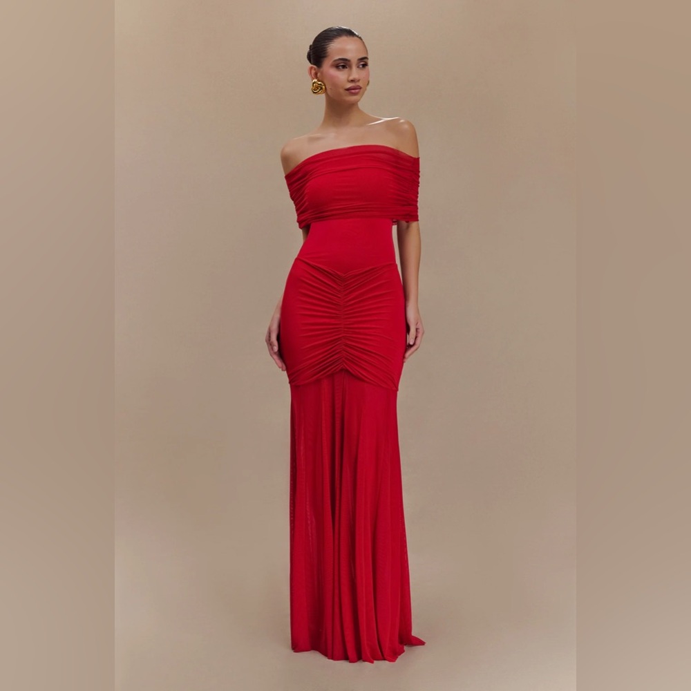 Meshki Caspian Slinky And Mesh Off Shoulder Maxi Dress - Ruby Size M